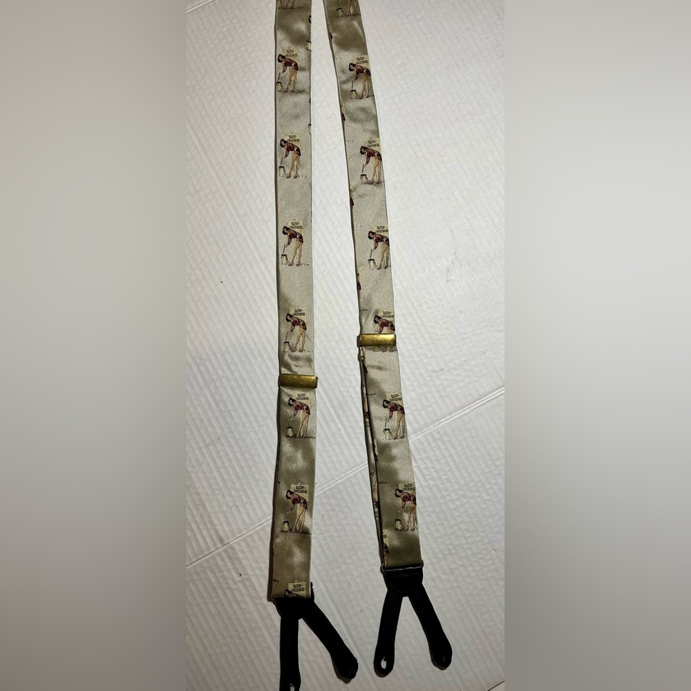 Cole Haan Suspenders Made In USA Beige Pin-up Woman Slow Curves Ahead Rare 50in. - Picture 2 of 13